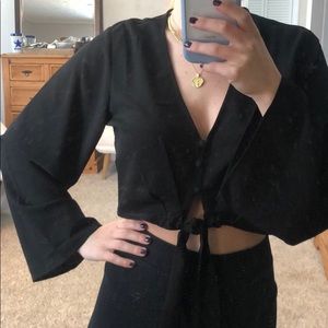 Bell sleeve self tie crop top